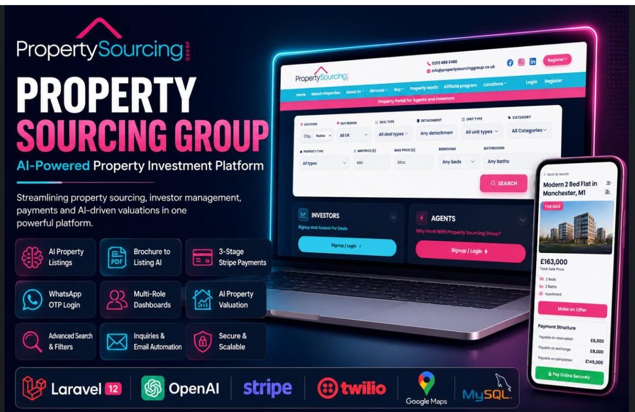 Laravel 12 property investment platform with AI-powered listings and Stripe payments