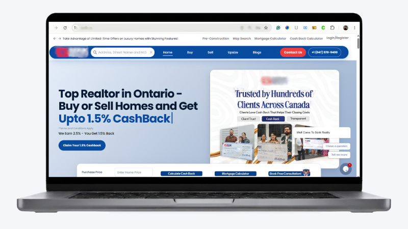 Ontario real-estate website homepage built by KodRank with cash-back and mortgage tools